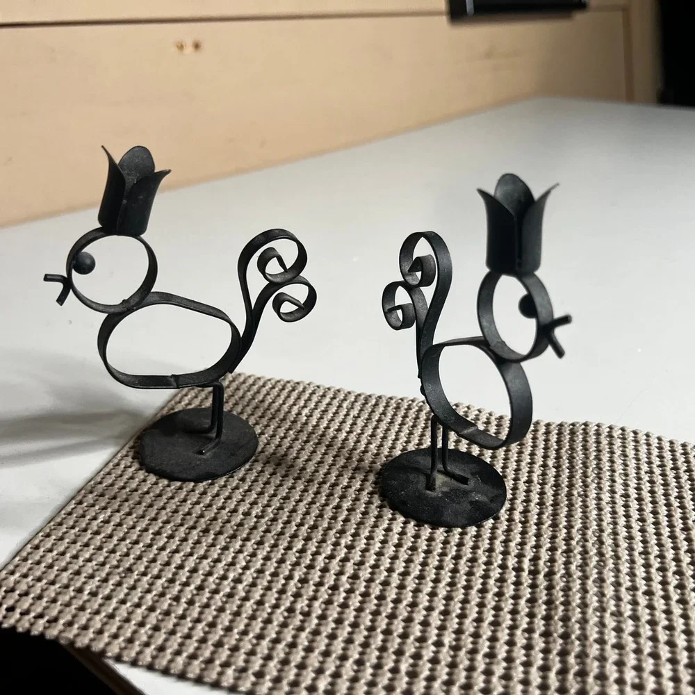 Vintage S&N Japan Wrought Iron Bird Candle Holder Set Matte Black MCM 4 Inch